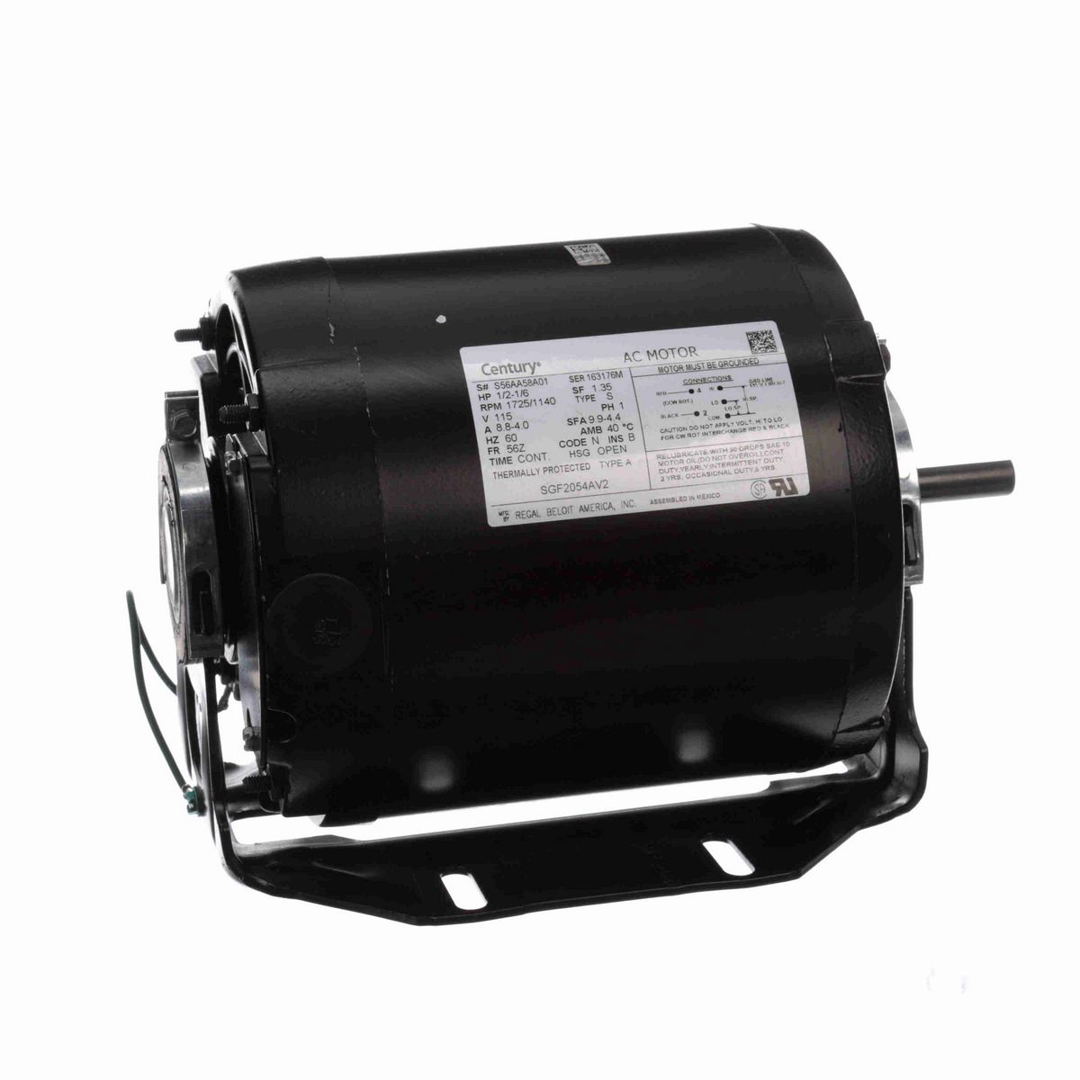 Century Fan and Blower Motor, 1/2-1/6 HP, 1 Ph, 60 Hz, 115 V, 1800 RPM, 56Z Frame, OPEN - SGF2054AV2