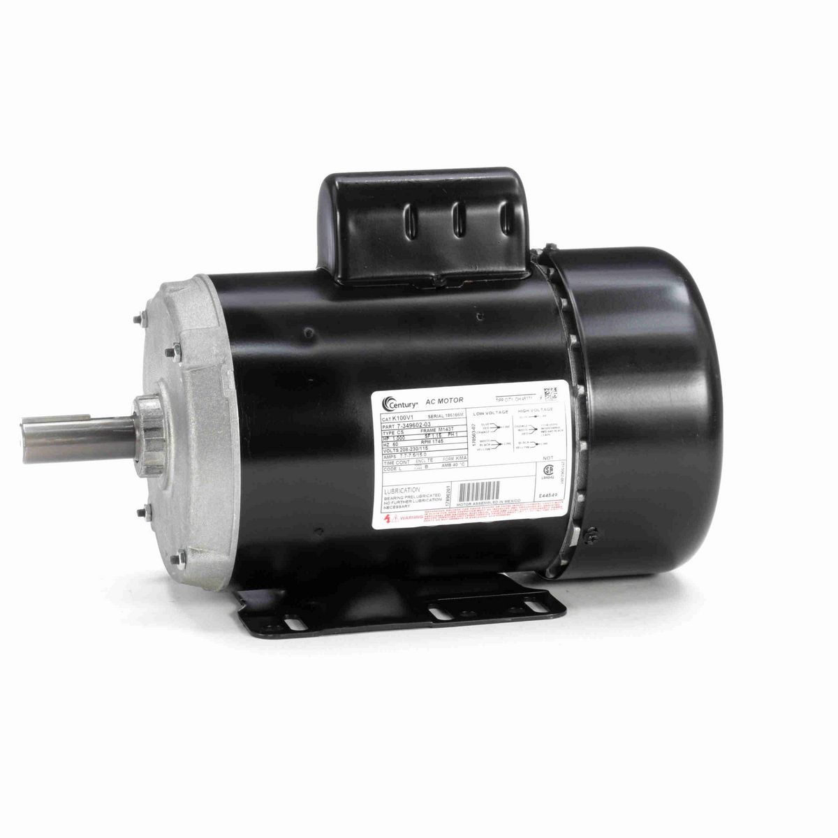 Century General Purpose Motor, 1.000 HP, 1 Ph, 60 Hz, 208-230/115 V, 1800 RPM, M143T Frame, TEFC - K100V1