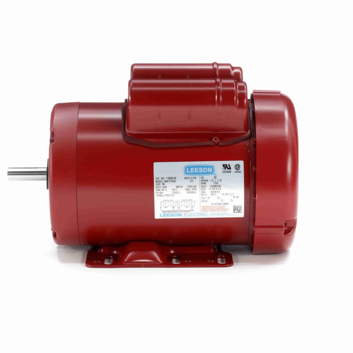 LEESON Agricultural Motor, 1.50 HP, 1 Ph, 60 Hz, 115/230 V, 1800 RPM, 56H Frame, TEFC - 110089.00