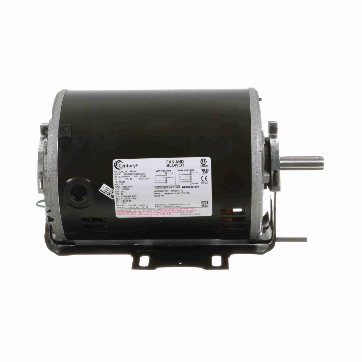 Century Fan and Blower Motor, 0.75 HP, 1 Ph, 60&50 Hz, 115/230 V, 1800 RPM, 56 Frame, DP - F680V1