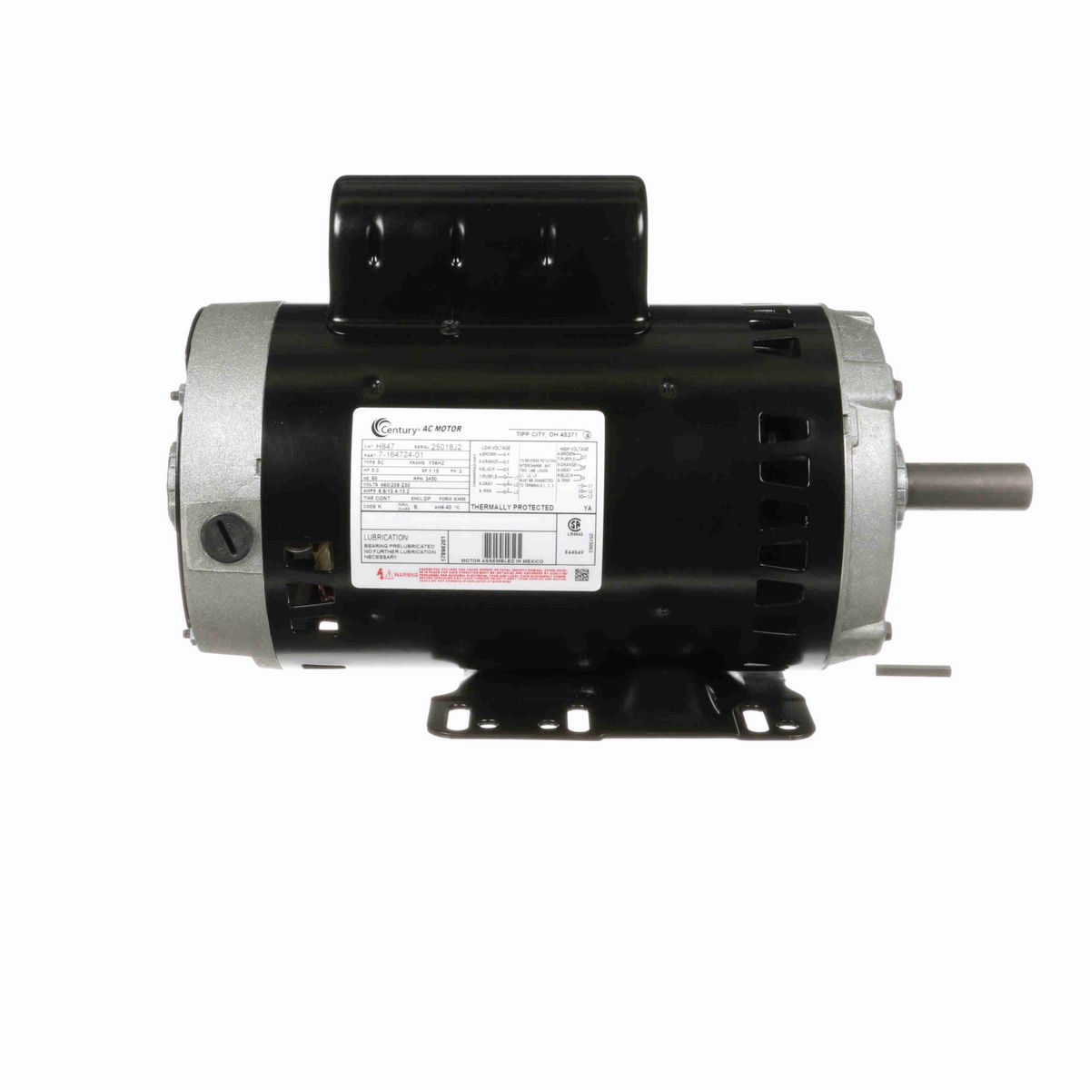 Century General Purpose Motor, 5.0 HP, 3 Ph, 60 Hz, 460/208-230 V, 3600 RPM, Y56HZ Frame, DP - H847