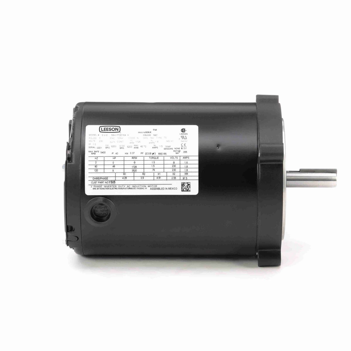 LEESON Speed Ratio Motor, 0.50 HP, 3 Ph, 60 Hz, 230 V, 1800 RPM, 56C Frame, TENV - Y505