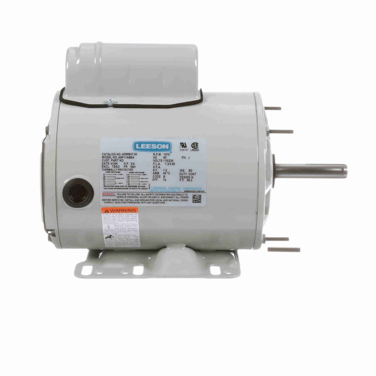 LEESON Agricultural Motor, 0.75 HP, 1 Ph, 60 Hz, 115/230 V, 1200 RPM, 56H Frame, TEAO - A099847.00