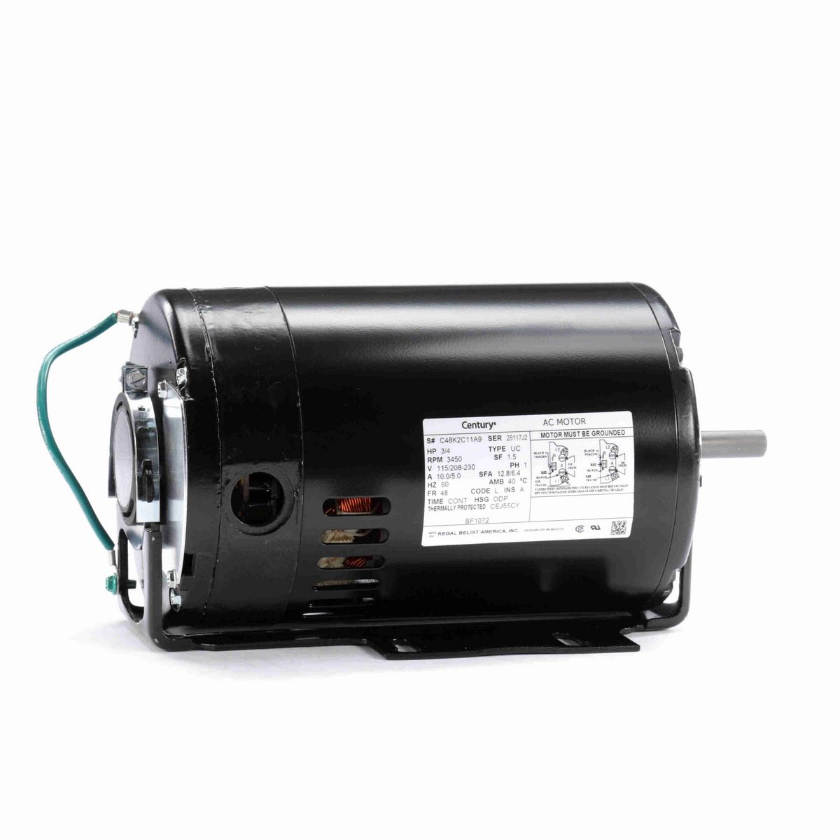Century Fan and Blower Motor, 3/4 HP, 1 Ph, 60 Hz, 115/208-230 V, 3600 RPM, 48None Frame, ODP - BF1072