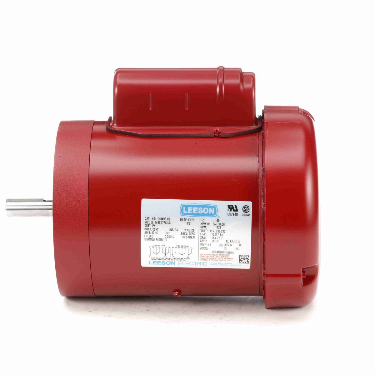 LEESON Agricultural Motor, 0.75 HP, 1 Ph, 60 Hz, 115/230 V, 1800 RPM, 56C Frame, TEFC - 110493.00