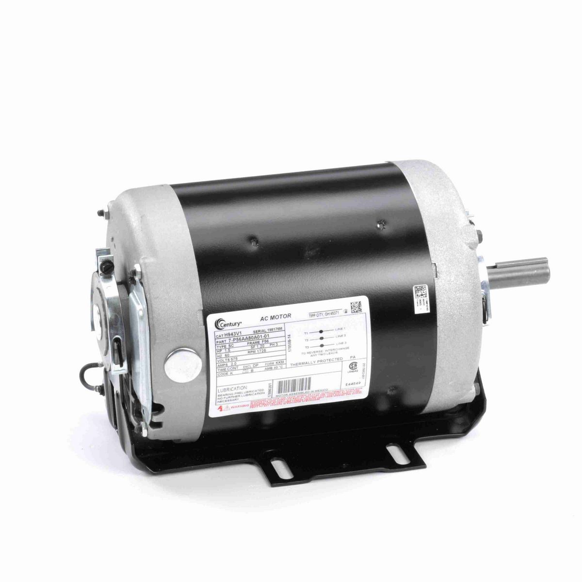 Century Fan and Blower Motor, 1.5 HP, 3 Ph, 60 Hz, 575 V, 1800 RPM, F56None Frame, DP - H943V1
