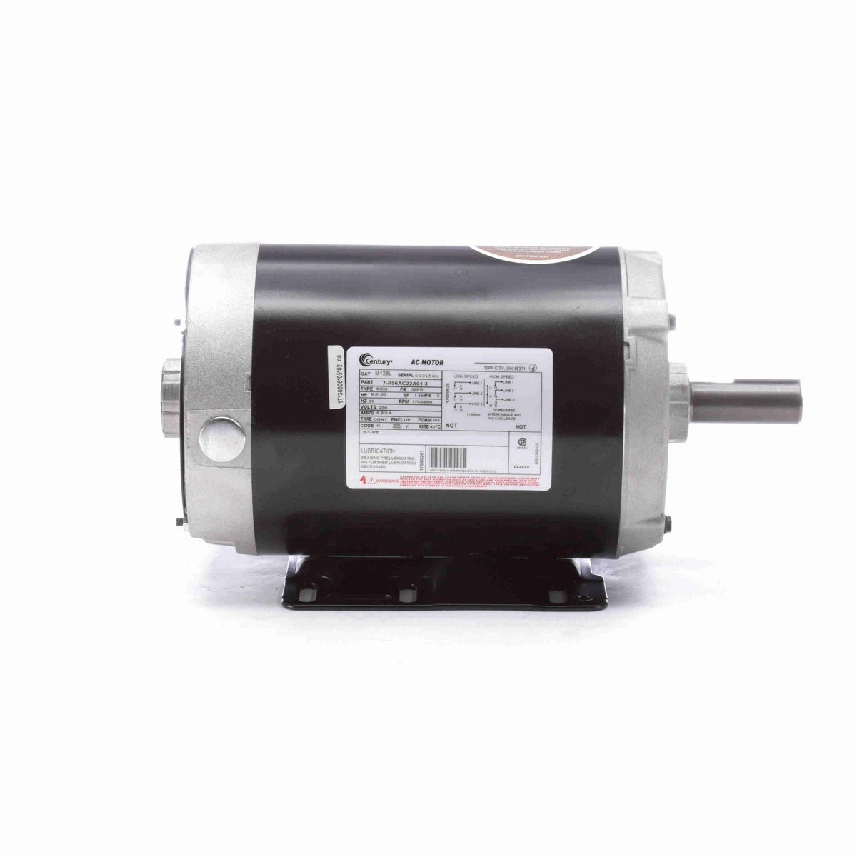 Century General Purpose Motor, 2.0-.50 HP, 3 Ph, 60 Hz, 230 V, 1800 RPM, 56 Frame, DP - M128L