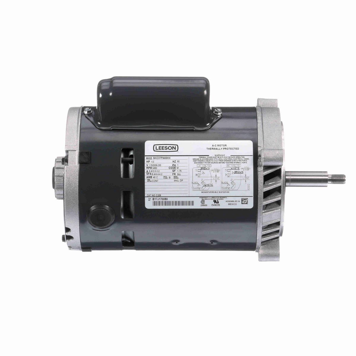 LEESON General Purpose Pump Motor, 0.33 HP, 1 Ph, 60 Hz, 115/208-230 V, 3600 RPM, 56J Frame, DP - C329