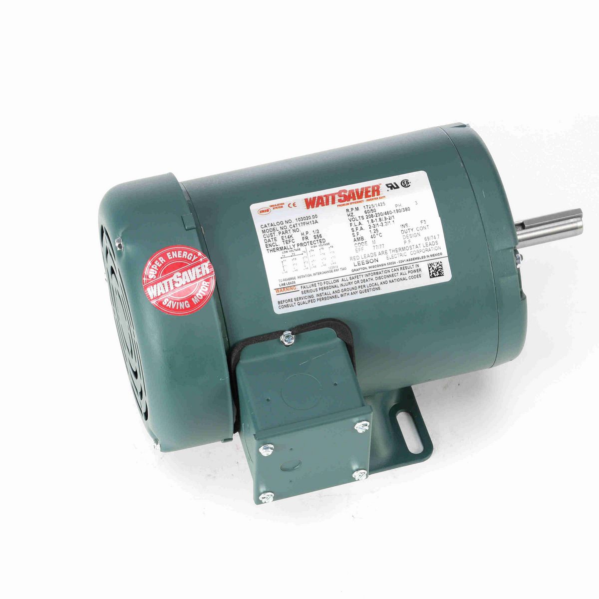 LEESON WATTSAVER® General Purpose Motor, 0.50 & 0.50 HP, 3 Ph, 60 & 50 Hz, 208-230/460 & 190/380 V, 1800 & 1500 RPM, S56 Frame, TEFC - 103020.00