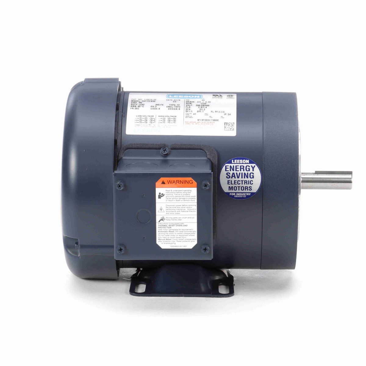 LEESON General Purpose Motor, 0.75 HP, 3 Ph, 60 Hz, 208-230/460 V, 1800 RPM, 56C Frame, TEFC - 110916.00