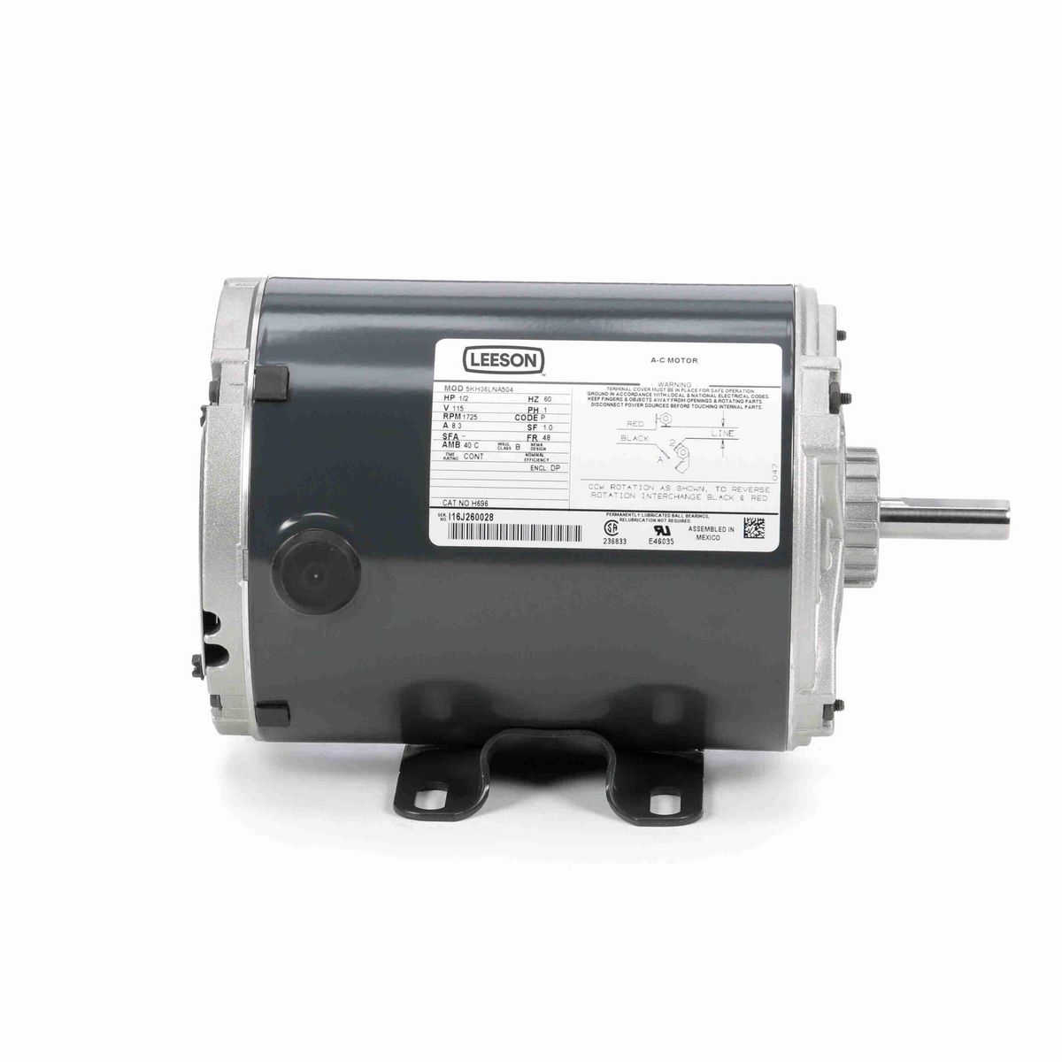 LEESON General Purpose Motor, 0.50 HP, 1 Ph, 60 Hz, 115 V, 1800 RPM, 48 Frame, DP - H696