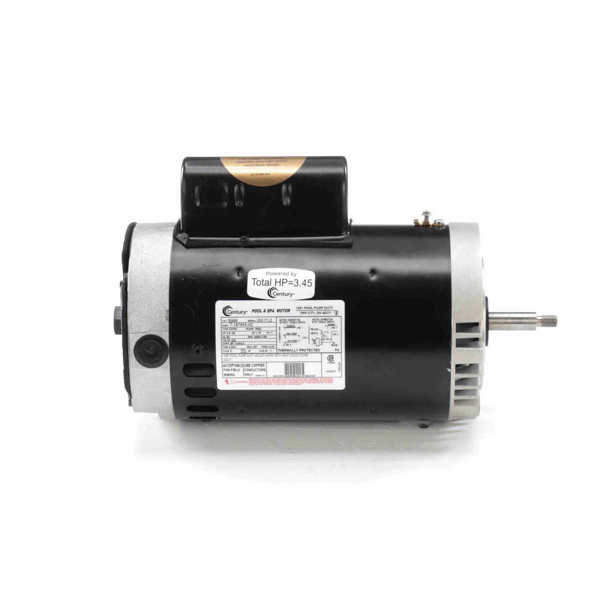 Century Pool Pump Motor, 3.0-.38 HP, 1 Ph, 60 Hz, 230 V, 3600 RPM, R56J Frame, DP - B966