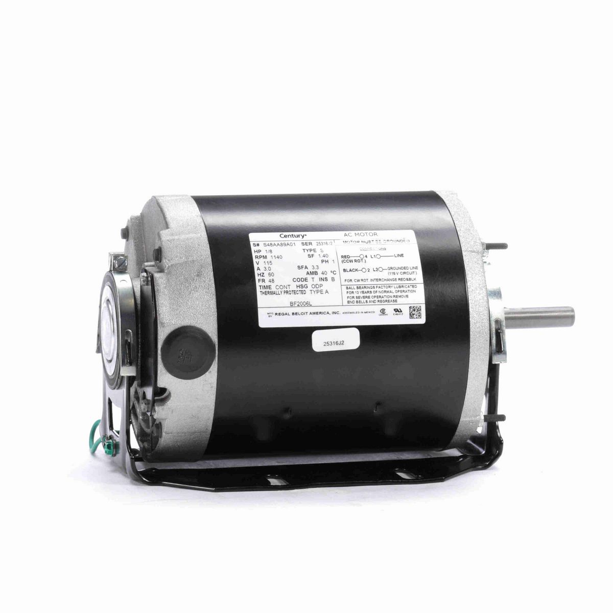 Century Fan and Blower Motor, 1/8 HP, 1 Ph, 60 Hz, 115 V, 1200 RPM, 48 Frame, ODP - BF2006L