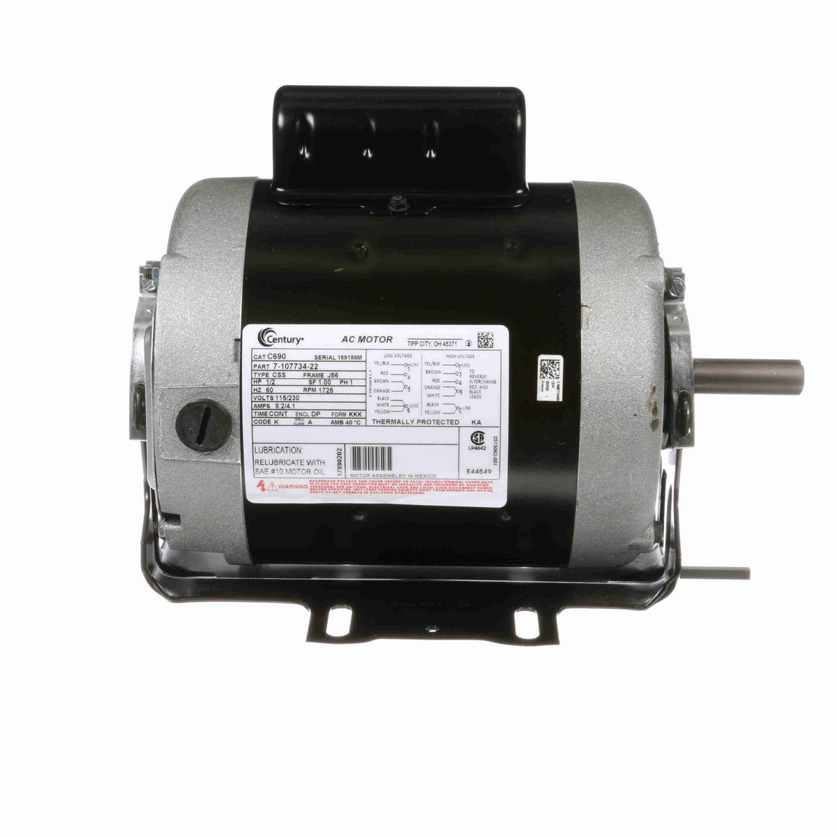 Century Fan and Blower Motor, 1/2 HP, 1 Ph, 60 Hz, 115/230 V, 1800 RPM, J56 Frame, DP - C690