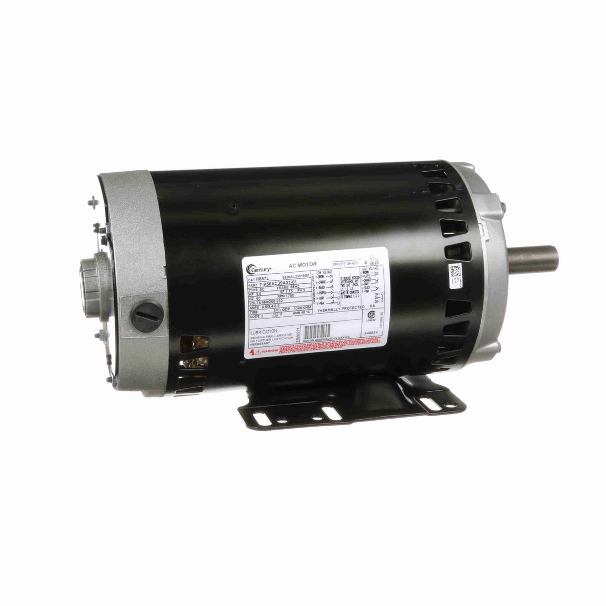 Century General Purpose Motor, 3.0 HP, 3 Ph, 60 Hz, 230/460 V, 1800 RPM, 56HZ Frame, ODP - H887L