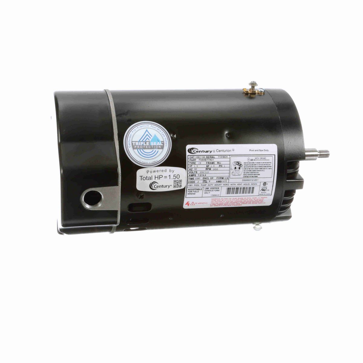 Century Pool Pump Motor, 1.5 HP, 1 Ph, 60 Hz, 230/115 V, 3600 RPM, M56J Frame, DP - HBC150