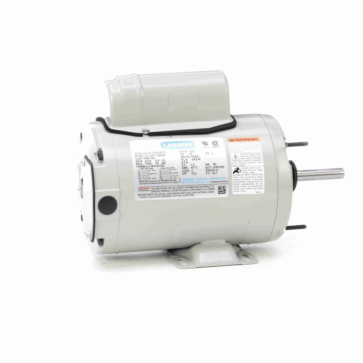 LEESON Agricultural Motor, 0.50 HP, 1 Ph, 60 Hz, 115/230 V, 1200 RPM, 48Z Frame, TEAO - A099946.00