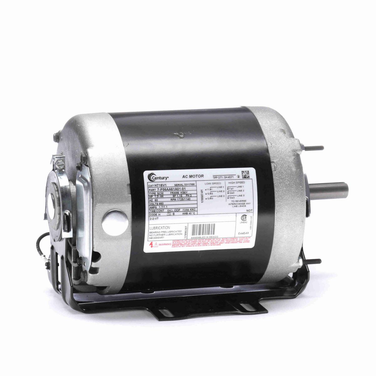 Century Fan and Blower Motor, 1.0-.44 HP, 3 Ph, 60 Hz, 460 V, 1800 RPM, K56Y Frame, ODP - H718V1