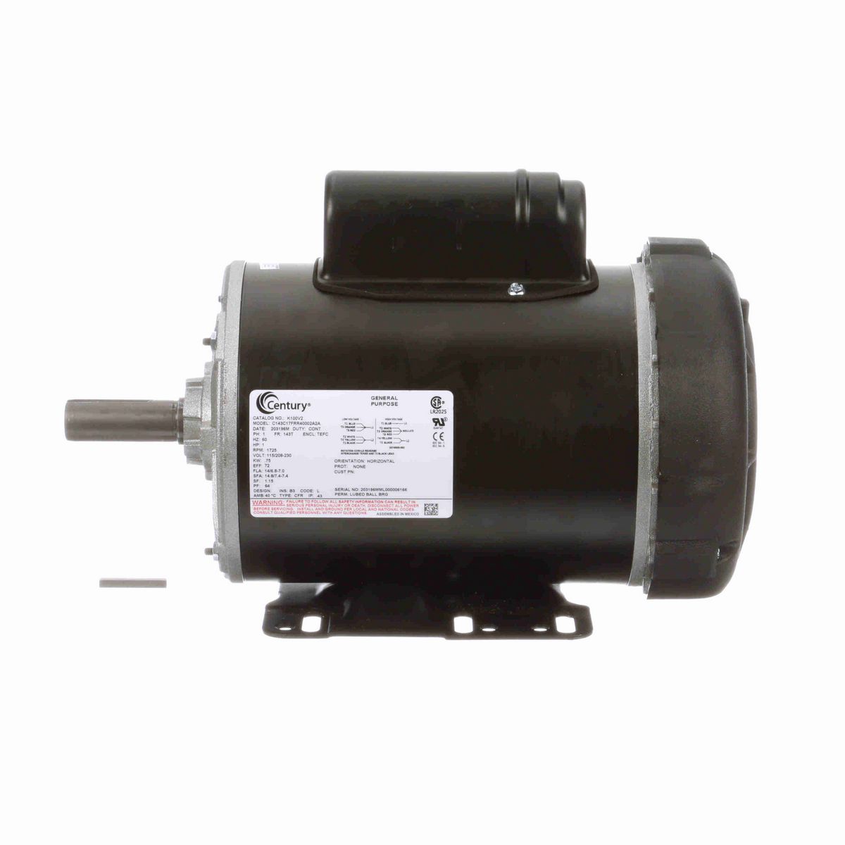 Century General Purpose Farm Duty Motor, 1 HP, 1 Ph, 60 Hz, 115/208-230 V, 1800 RPM, 143T Frame, TEFC - K100V2