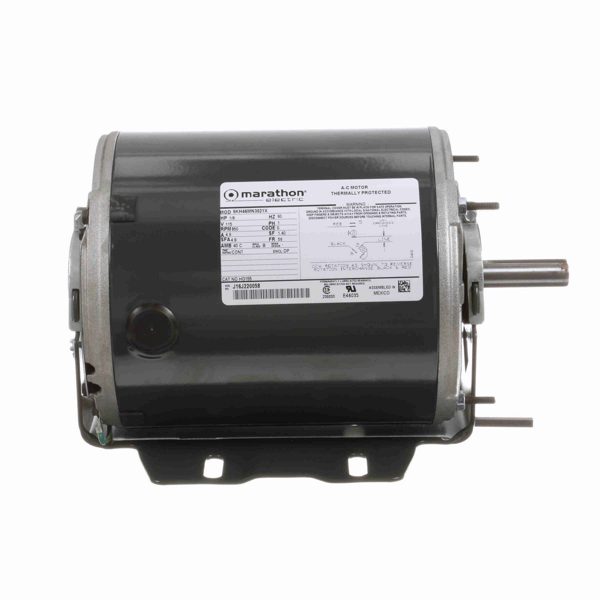 LEESON Fan and Blower Motor, 0.13 HP, 1 Ph, 60 Hz, 115 V, 900 RPM, 56 Frame, DP - HG155