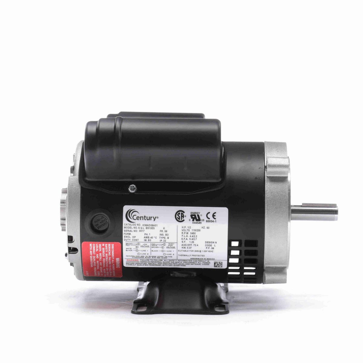 Century General Purpose Motor, 1/2 HP, 1 Ph, 60 Hz, 115/230 V, 3600 RPM, 56 Frame, ODP - B513ES