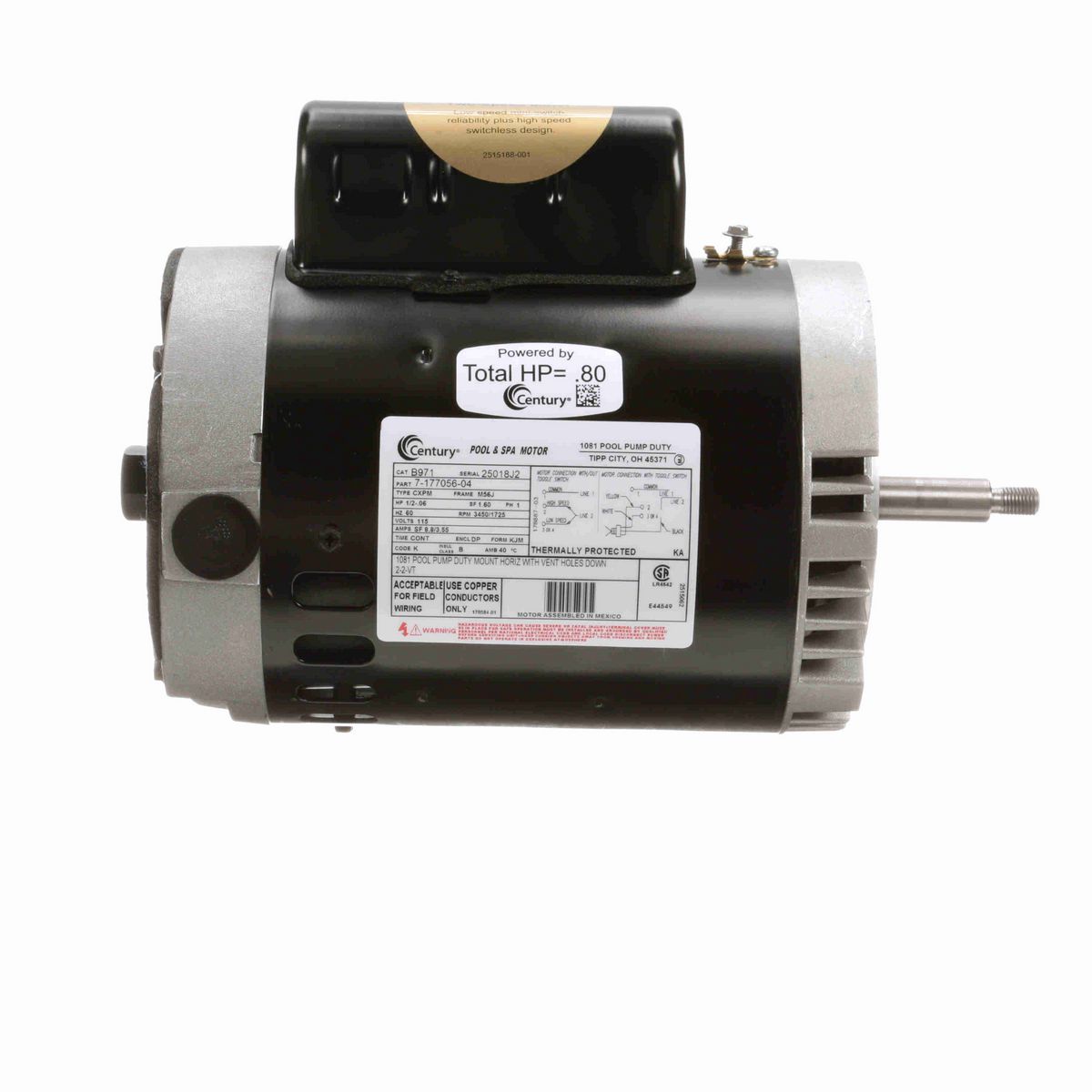 Century Pool Pump Motor, 1/2-.06 HP, 1 Ph, 60 Hz, 115 V, 3600 RPM, M56J Frame, DP - B971