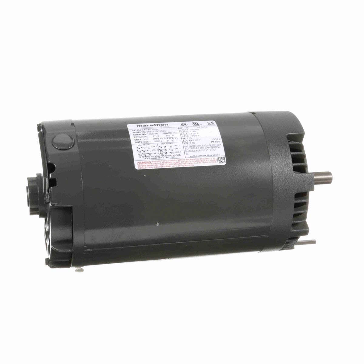 LEESON General Purpose Motor, 0.75 & 0.50 HP, 3 Ph, 60 & 50 Hz, 230/460 & 190/380 V, 1200 & 1000 RPM, 56C Frame, DP - K1300A