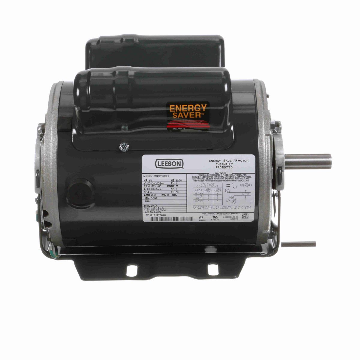 LEESON General Purpose Motor, 0.75 HP, 1 Ph, 60 Hz, 100-120/200-240 V, 1800 RPM, 56 Frame, DP - EG272