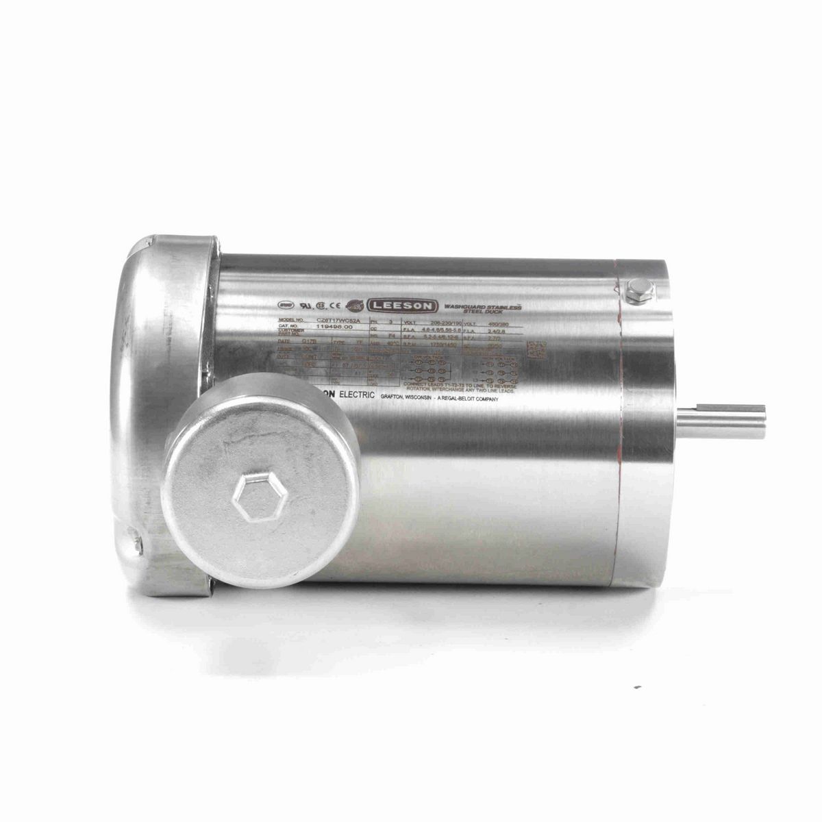 LEESON Premium Duck™ General Purpose Motor, 1.50 & 1 HP, 3 Ph, 60 & 50 Hz, 230/460 & 190/380 V, 1800 & 1500 RPM, 56C Frame, TEFC - 119498.00