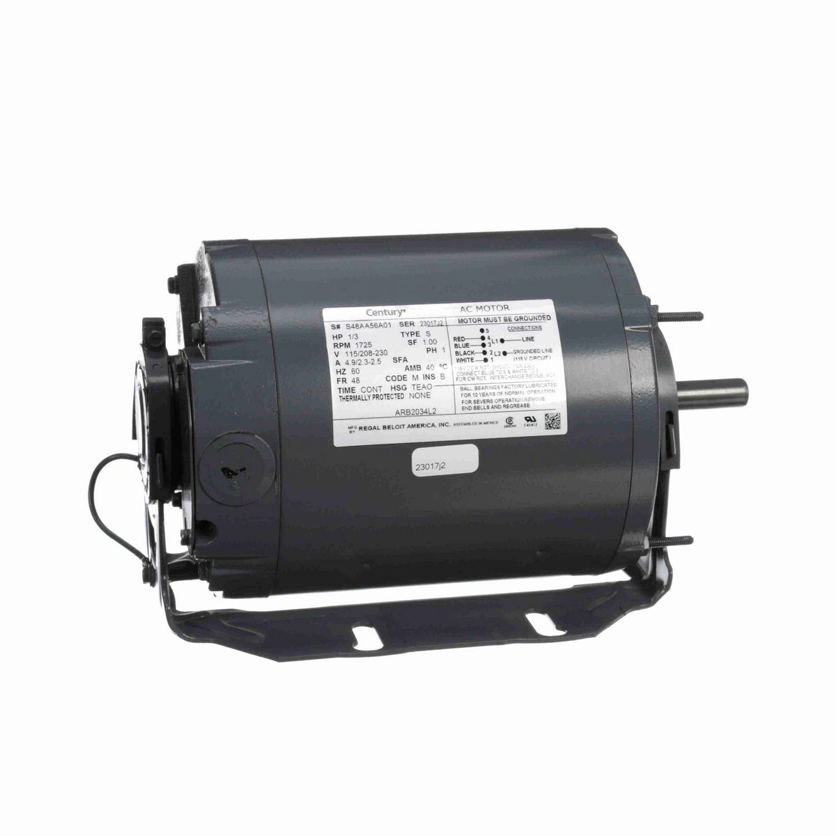 Century Fan and Blower Motor, 1/3 HP, 1 Ph, 60 Hz, 115/208-230 V, 1800 RPM, 48 Frame, TEAO - ARB2034L2