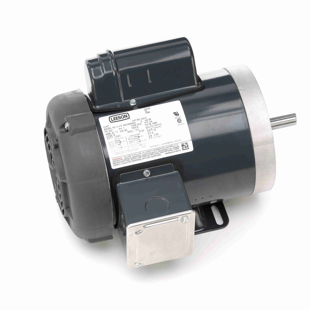 LEESON General Purpose Motor, 0.75 HP, 1 Ph, 60 Hz, 115/208-230 V, 3600 RPM, 56C Frame, TEFC - D312