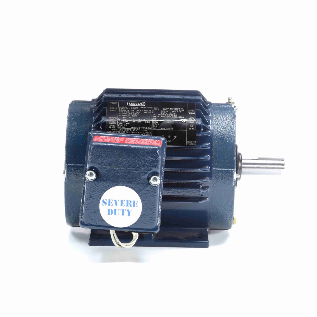 LEESON Severe Duty Motor, 1.50 HP, 3 Ph, 60 Hz, 460 V, 1800 RPM, 145T Frame, TENV - E652A