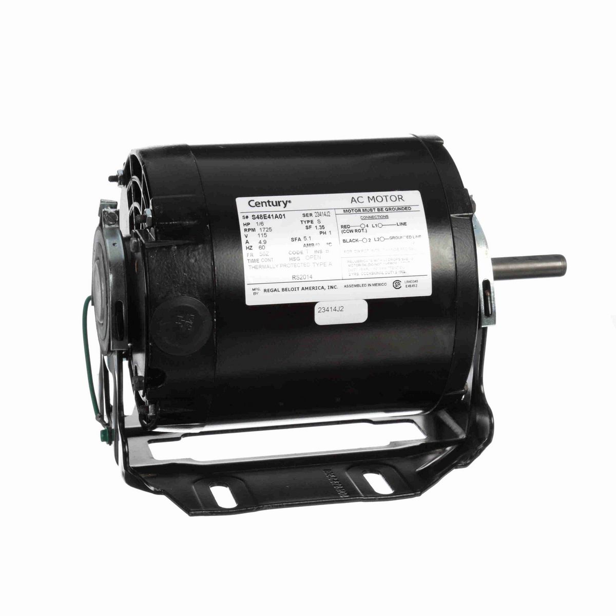Century Fan and Blower Motor, 1/6 HP, 1 Ph, 60 Hz, 115 V, 1800 RPM, 56Z Frame, OPEN - RS2014