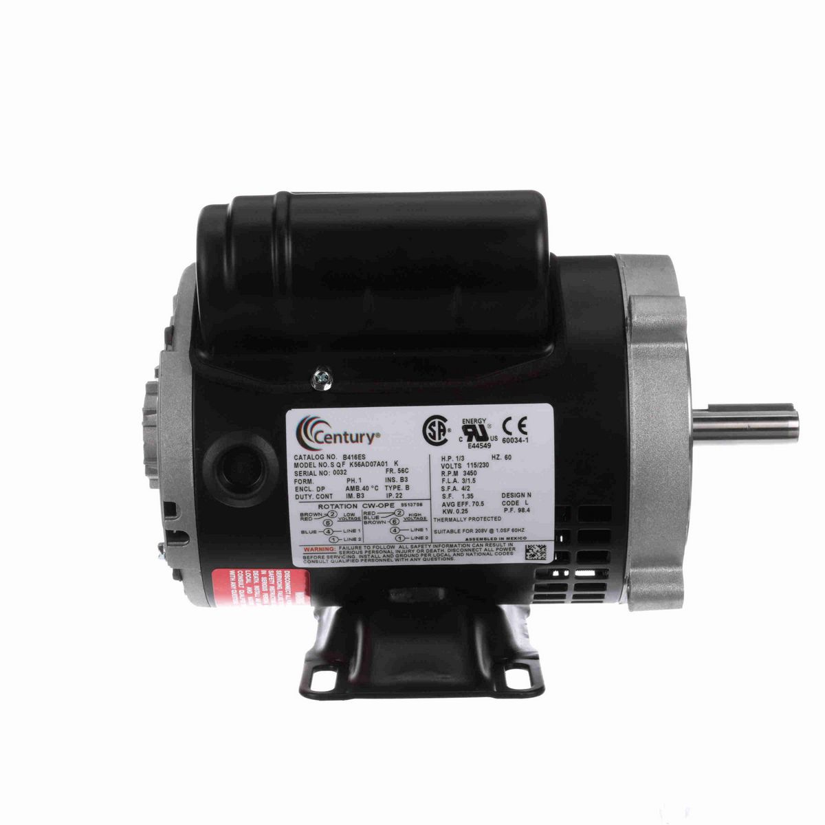 Century General Purpose Motor, 1/3 HP, 1 Ph, 60 Hz, 115/230 V, 3600 RPM, 56 Frame, ODP - B416ES