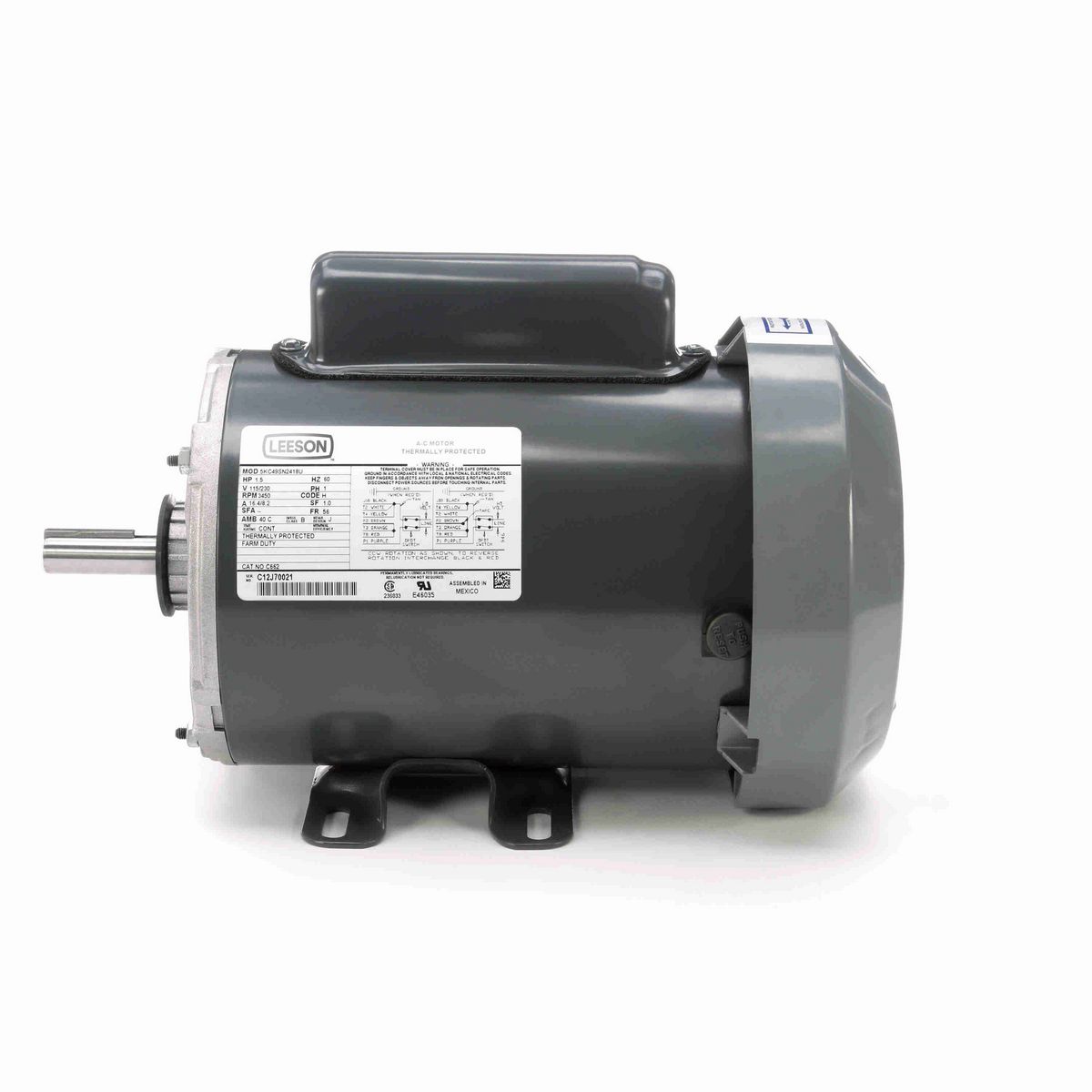 LEESON General Purpose Motor, 1.50 HP, 1 Ph, 60 Hz, 115/230 V, 3600 RPM, 56 Frame, TEFC - C662