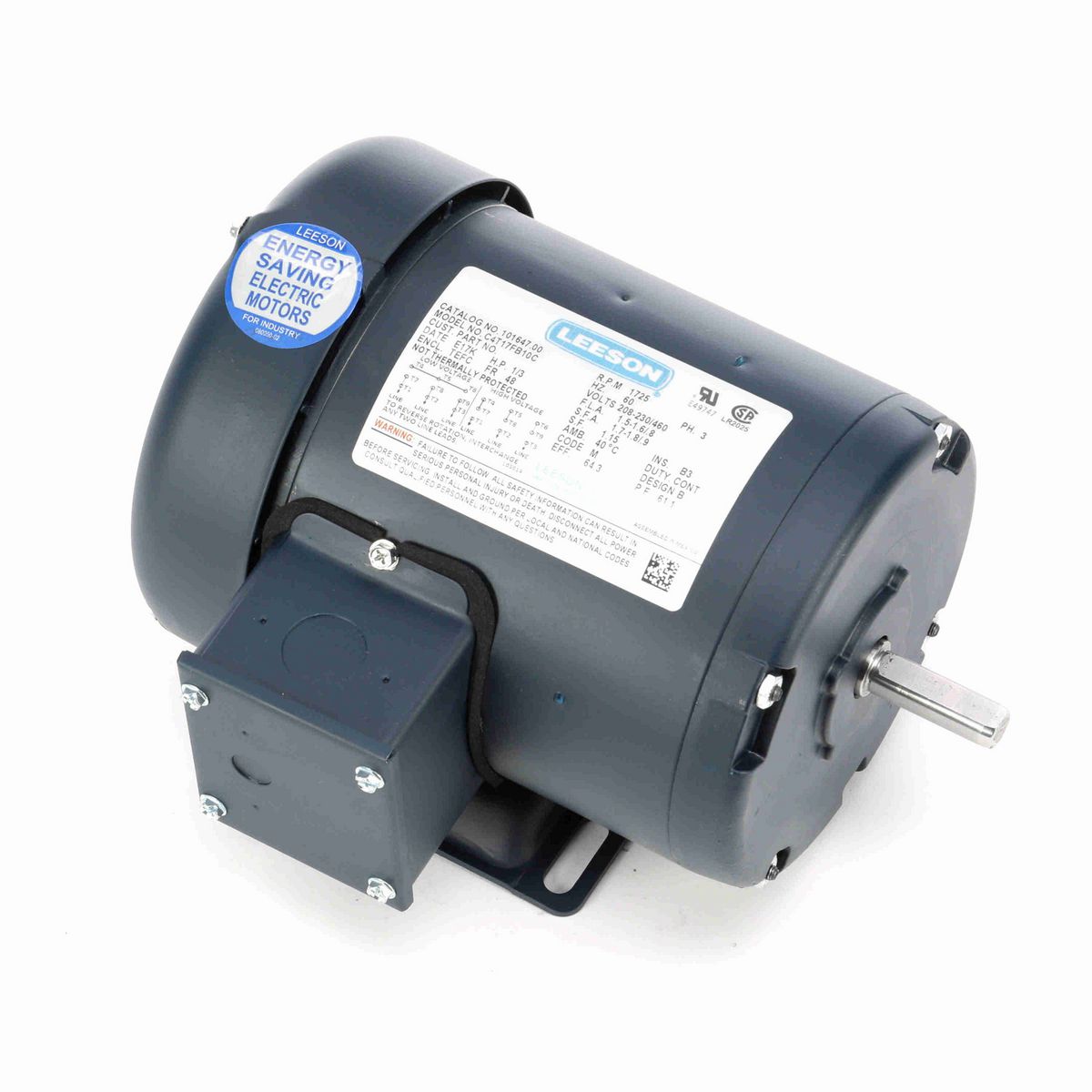 LEESON General Purpose Motor, 0.33 HP, 3 Ph, 60 Hz, 230/460 V, 1800 RPM, 48 Frame, TEFC - 101647.00