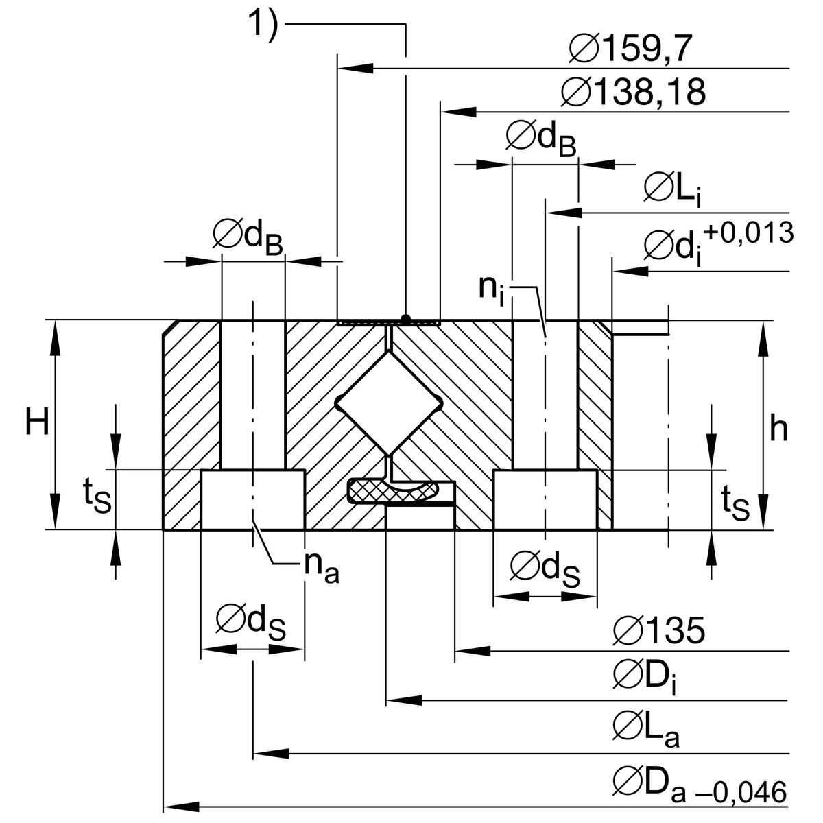 Опорно-поворотное устройство, подшипник с перекрестными роликами, без зубчатого венца INA XU080149-RR
