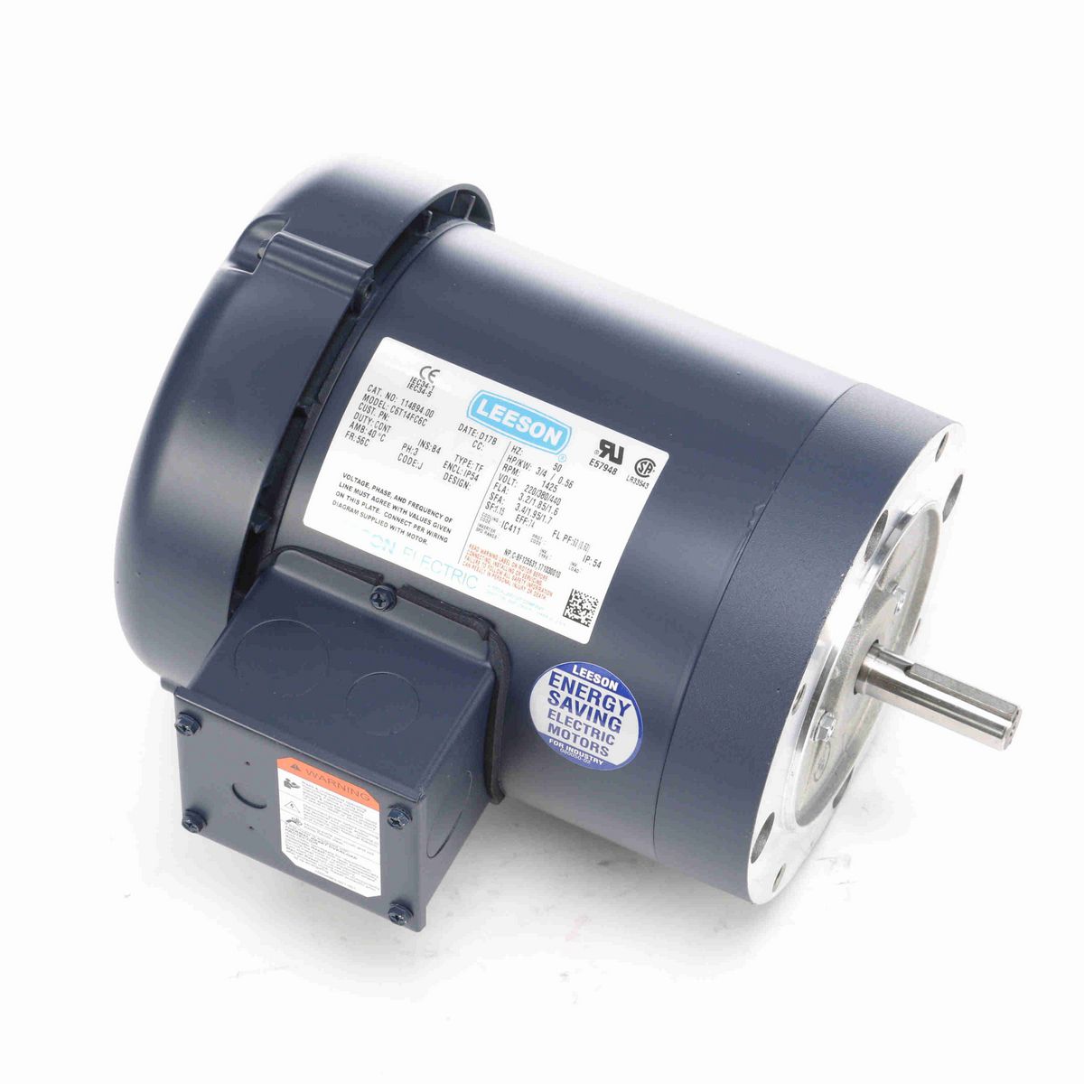 LEESON Special Voltage Motor, 0.75 HP, 3 Ph, 50 Hz, 220/380/440 V, 1500 RPM, 56C Frame, TEFC - 114894.00