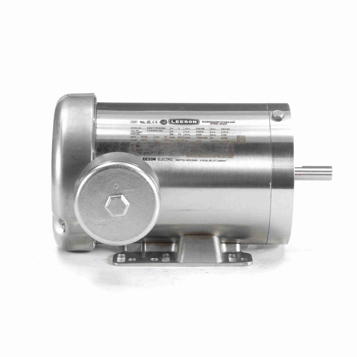 LEESON Premium Duck™ General Purpose Motor, 1.50 & 1 HP, 3 Ph, 60 & 50 Hz, 230/460 & 190/380 V, 1800 & 1500 RPM, 56HC Frame, TEFC - 119494.00