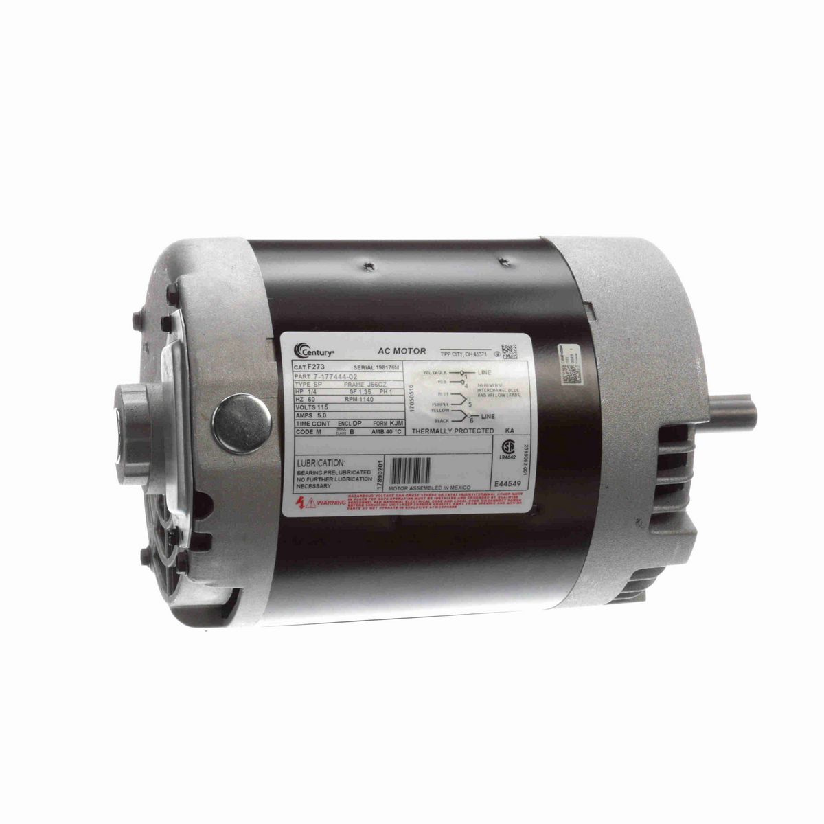 Century Ventilation Motor, 1/4 HP, 1 Ph, 60 Hz, 115 V, 1200 RPM, J56CZ Frame, DP - F273