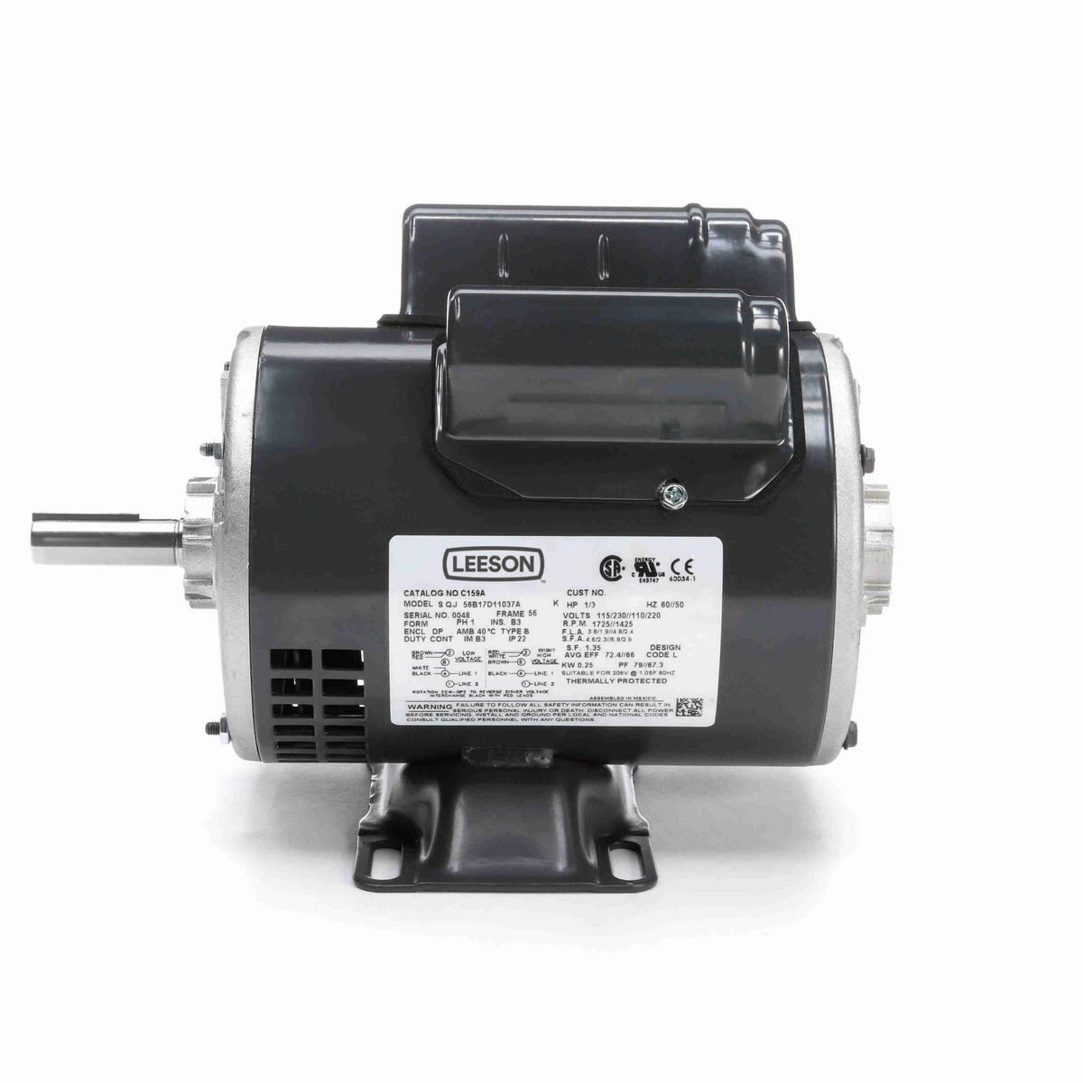 LEESON General Purpose Motor, 0.33 & 0.33 HP, 1 Ph, 60 & 50 Hz, 115/230 & 110/220 V, 1800 & 1500 RPM, 56 Frame, DP - C159A