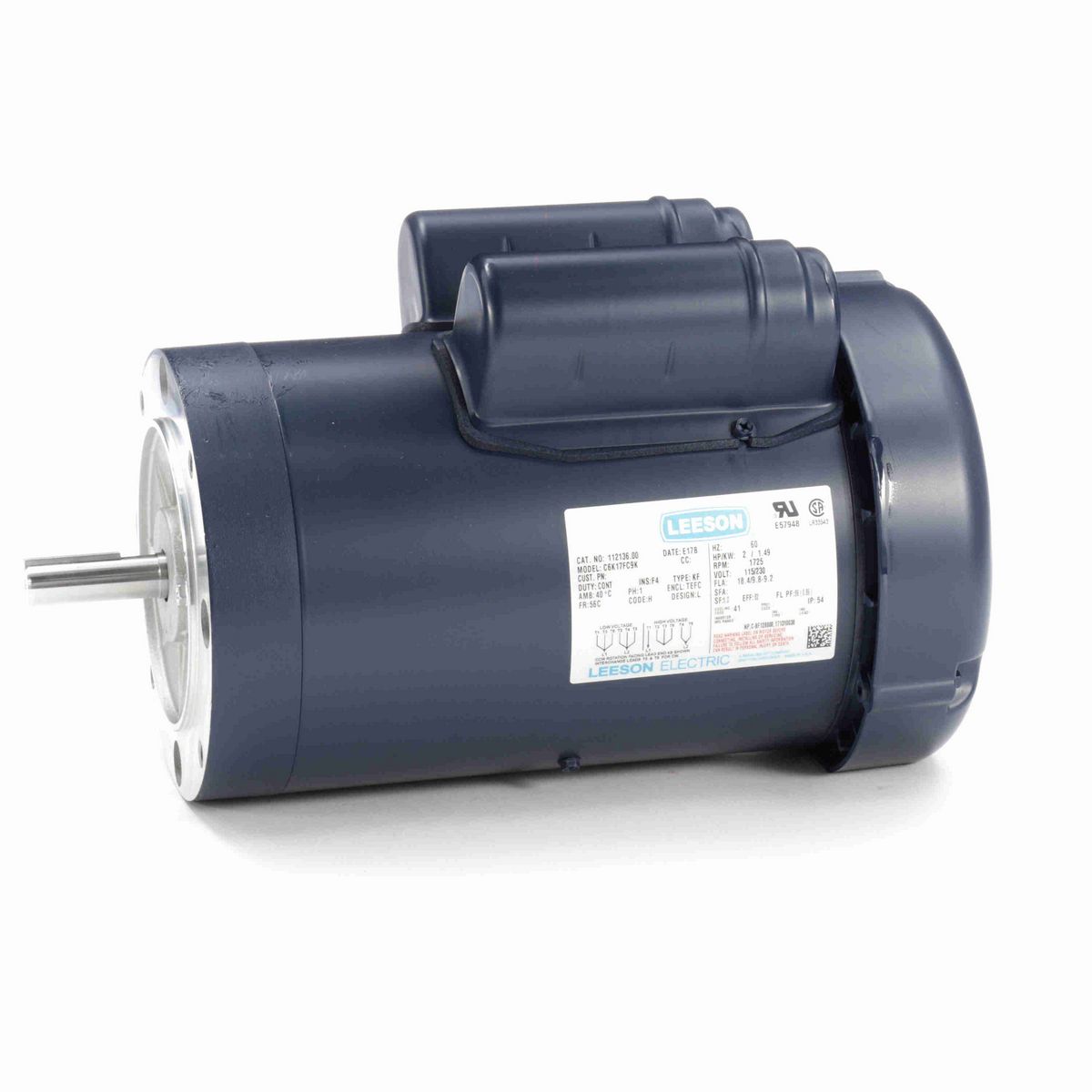 LEESON General Purpose Motor, 2 HP, 1 Ph, 60 Hz, 115/230 V, 1800 RPM, 56C Frame, TEFC - 112136.00