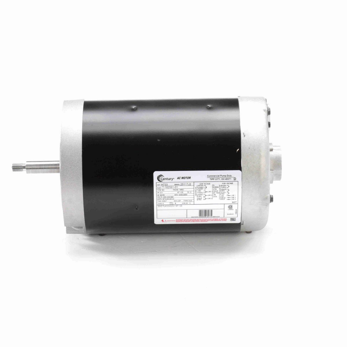 Century General Purpose Pump Motor, 2.4 HP, 3 Ph, 60/50 Hz, 200-230/460 V, 3600 RPM, N56J Frame, DP - H733