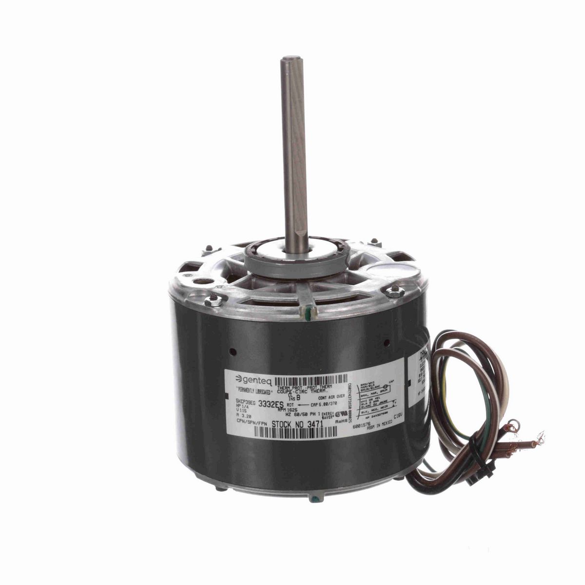 Genteq Fan and Blower Motor, 1/4 HP, 1 Ph, 60/50 Hz, 115 V, 1625 RPM, 1 Speed, 48 Frame, OPAO - 3471