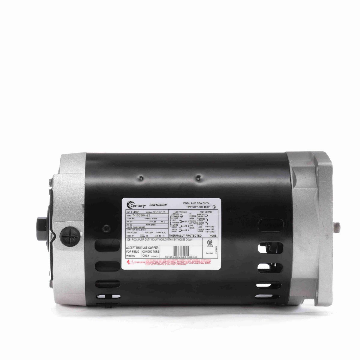 Century Pool Pump Motor, 3/4 HP, 3 Ph, 60 Hz, 208-230/460 V, 3600 RPM, Y56Y Frame, DP - H492
