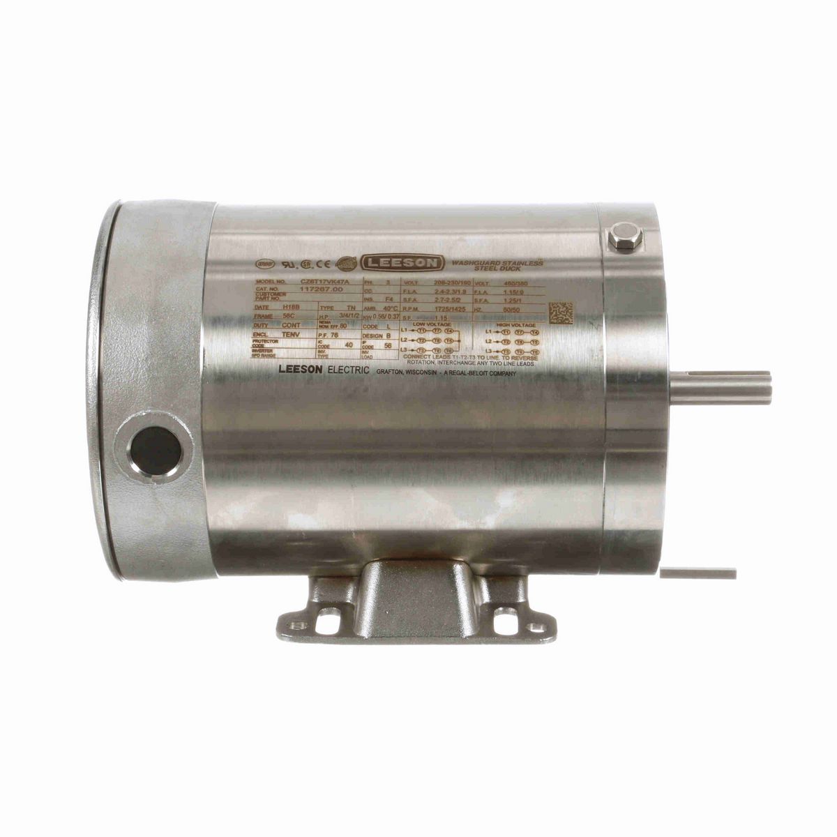 LEESON Premium Duck™ General Purpose Motor, 0.75 & 0.50 HP, 3 Ph, 60 & 50 Hz, 230/460 & 190/380 V, 1800 & 1500 RPM, 56C Frame, TENV - 117267.00