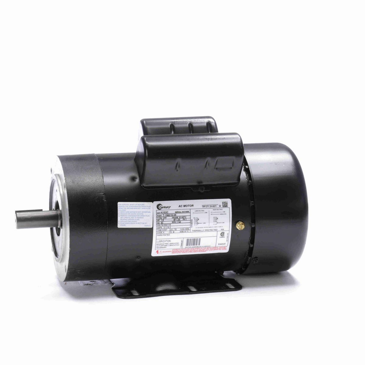 Century Farm Rated® General Purpose Farm Duty Motor, 1.5 HP, 1 Ph, 60 Hz, 230/115 V, 1800 RPM, N145TC Frame, TEFC - K103C