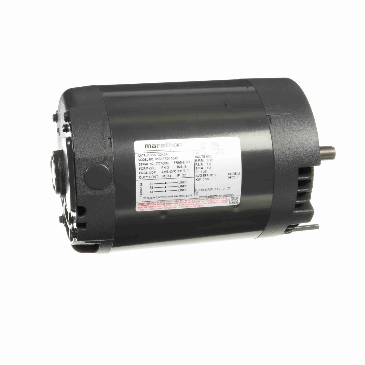 LEESON General Purpose Motor, 0.75 HP, 3 Ph, 60 Hz, 575 V, 1800 RPM, 56C Frame, DP - G243A