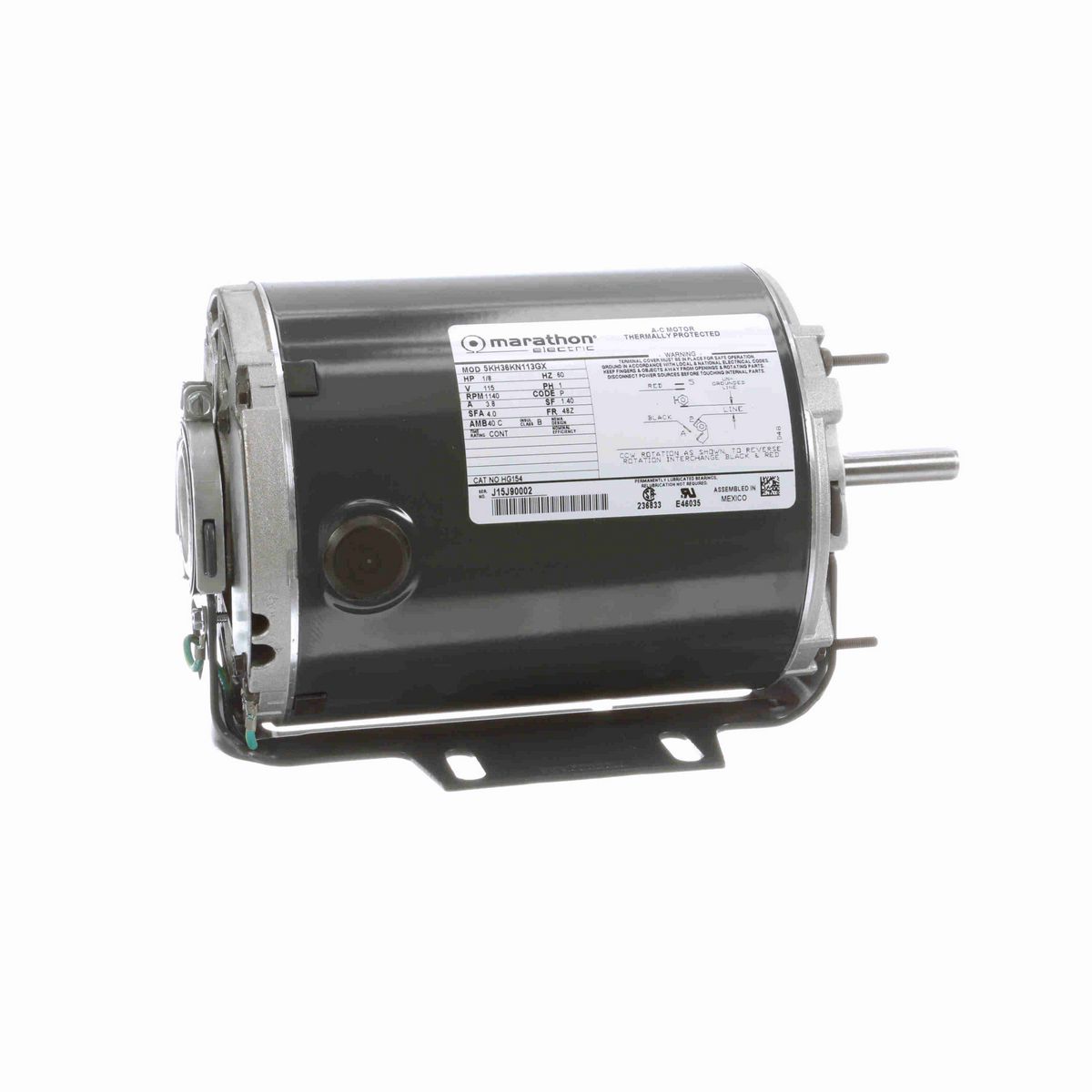 LEESON Fan and Blower Motor, 0.13 HP, 1 Ph, 60 Hz, 115 V, 1200 RPM, 48Z Frame, DP - HG154