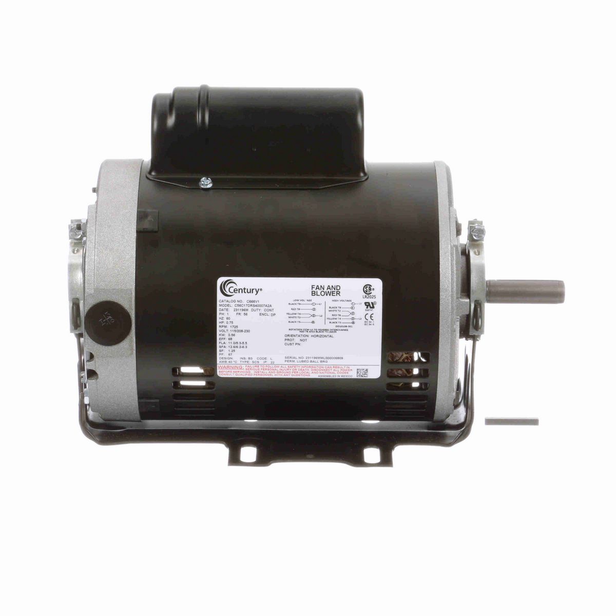 Century Fan and Blower Motor, 0.75 HP, 1 Ph, 60 Hz, 115/208-230 V, 1800 RPM, 56 Frame, DP - C666V1